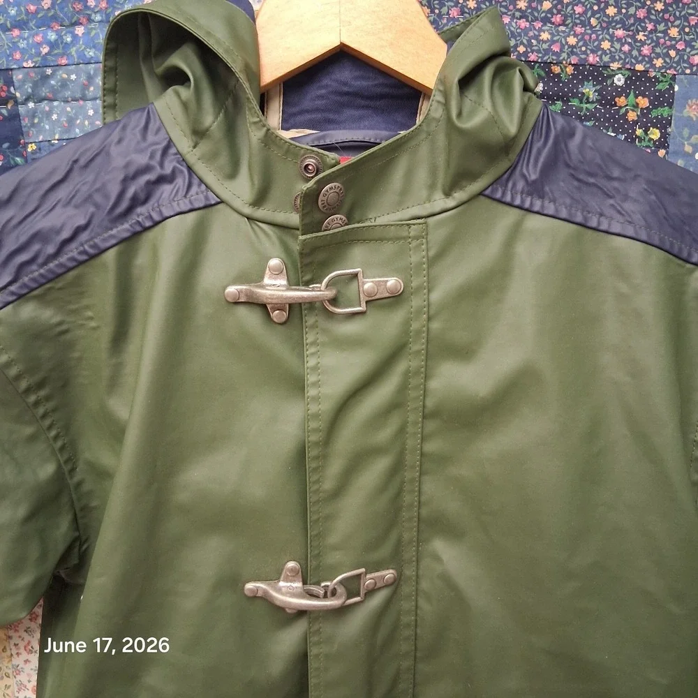 Vtg 90s Gymboree Gymsport Fireman Raincoat Jacket Green Blue Metal Clasp XL 5 6